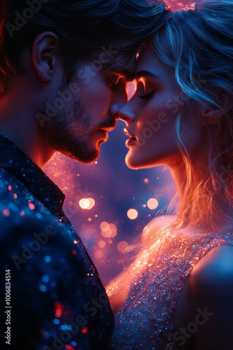 A couple dancing under heart-shaped lights, isolated on a soft pastel backdrop,