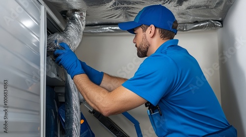 A technician is intently working on an HVAC system, ensuring proper functionality by connecting air ducts.