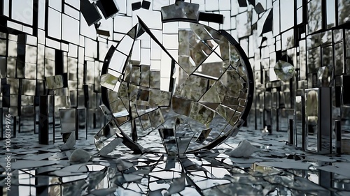 symbolic 3D scene of a fragmented mirror-world, where each shattered piece reflects different moments from past lives, symbolizing the fractured nature of memories and how we piece together our pers