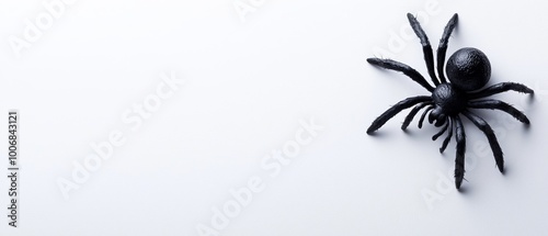  A tight shot of a black spider against a pristine white background, with the arachnid positioned such that its back legs are visible