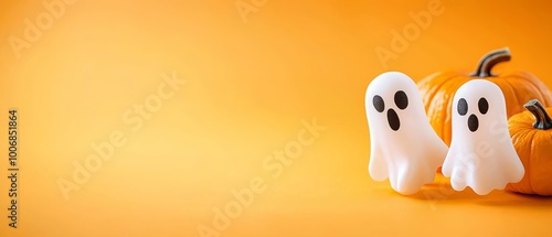  Two white ghost figurines sit adjacent on a yellow backdrop A pumpkin occupies the foreground