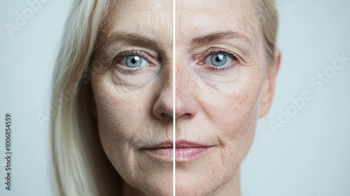 A side-by-side portrait showing how aging causes the skin to sag unevenly on the face, creating asymmetries in the chin, cheeks, and forehead.