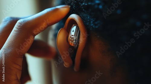 a hearing aid being placed in an ear, with the focus on inclusivity and support for the hearing-impaired community