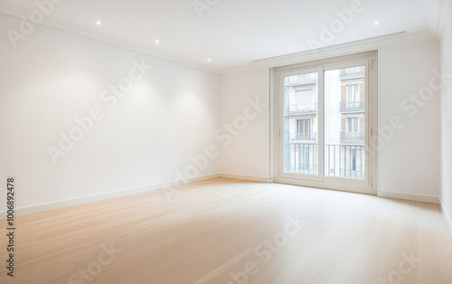 Modern empty room with large window overlooking the street in a contemporary building during daylight