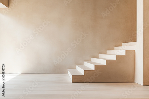 Minimalist interior featuring white staircase and beige walls in a contemporary space with natural light