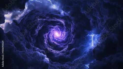 A dramatic view of swirling dark clouds illuminated by purple light and flashes of lightning.