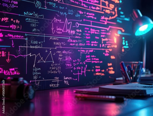 Vibrant chalkboard filled with complex integrals and differential equations in bright neon colors, Calculus concept, Learning mathematics visualization