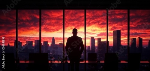 A leader standing in front of a window overlooking a city, reflecting on the future while their team works in the background