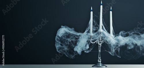 A spider web-covered candelabra with flickering ghostly blue flames, standing alone