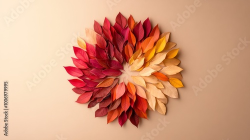 Autumn leaves in striking hues of red, yellow, and orange are symmetrically arranged in a circular pattern, showcasing nature's beauty against a smooth beige backdrop