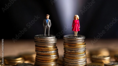 A gender pay equality concept with a man and woman standing on a stack of coins, symbolizing financial equity..