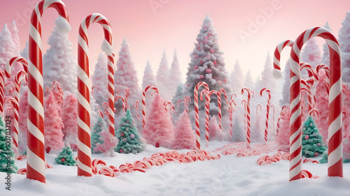 A vibrant red and white striped candy cane forest, with giant candy canes towering like trees