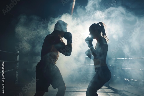 Two boxers facing off in a professional boxing match