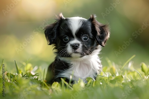 A small dog sits comfortably in the grass, surrounded by greenery