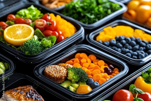 Hyper-detailed shot of a blood type meal prep station, with containers filled with foods tailored for each blood group, arranged neatly for the week.