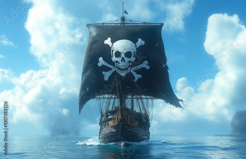 A pirate ship sails across the blue sea, proudly displaying its black and white skull flag