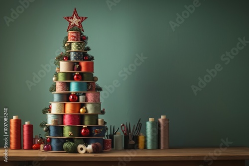 Christmas tree made of sewing tools in craft store