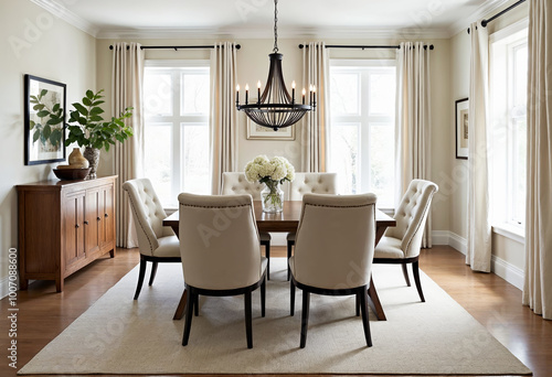 Modern dining room interior design cream upholstery chairs chandelier real estate home decor dining table hardwood floors white trim crown molding windows natural light neutral colors