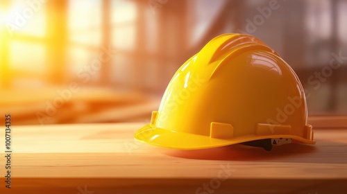 Bright yellow construction hat placed on a workbench, highlighting safety equipment in a construction environment.