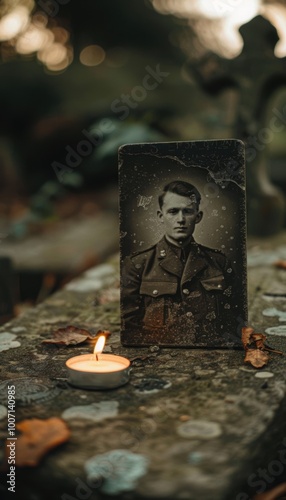 Old Photograph of Soldier with Candle on Gravestone - National Day of Mourning Remembrance Scene