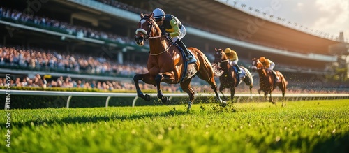 Three horses race on a green track, a blurred crowd and stadium in the background.