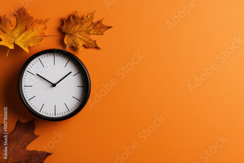 Daylight saving time ends. Black clock on orange background with autumn leaves. Summer time end and fall season coming. Clock turn backward to winter time. Autumn equinox