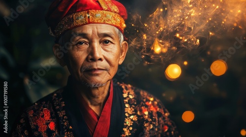 Cultural portrait of an Asian person, traditional attire, symbolic background