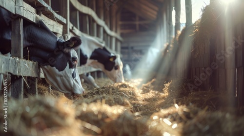 A group of cows munching on hay in a rustic barn setting