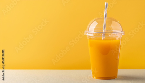 Plastic cup of fresh orange juice with lid and straw. Tasty and healthy drink. Sweet beverage.