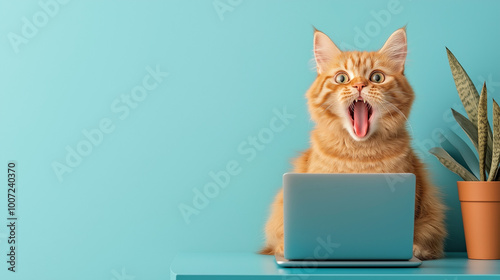 A ginger cat with wide eyes and an open mouth sits in front of a laptop computer, looking surprised.