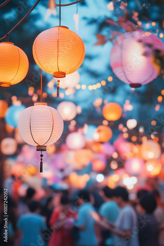 Colorful paper lanterns illuminate a bustling night market.