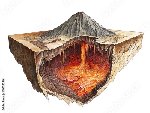 Cross-section of a volcano showing magma chamber, lava flow, and geological layers, illustrating volcanic activity and structure.