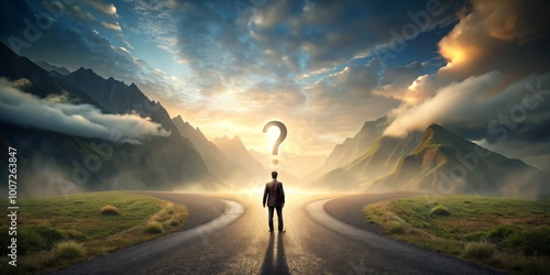 The Uncertain Path Man at a Fork in the Road, Question Mark in the Sky, Misty Mountains, Sunrise, Decision, Uncertainty, Journey