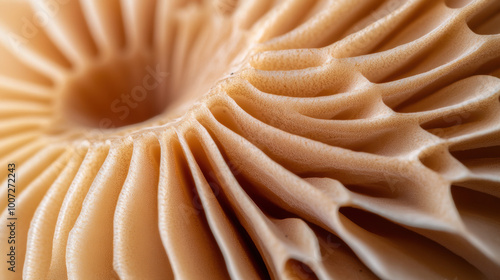 Detailed macro view of the texture of a mushroom gills