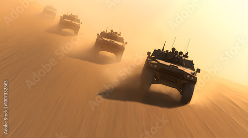 An armored military convoy, rolling through a desert landscape under a scorching sun, with dust trailing behind the vehicles as they move towards the horizon. Armored convoy crossing the desert.