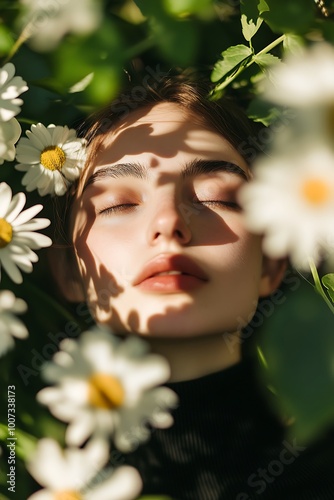 Woman sleeping in daisy field with soft sunlight on her face. Springtime nature beauty concept.