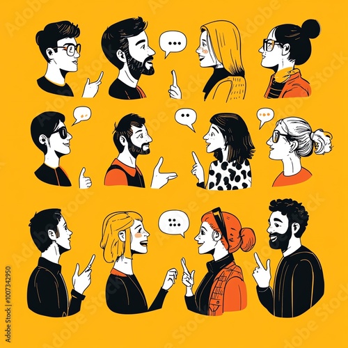 Illustration de personnes conversant en binômes avec des bulles de dialogue