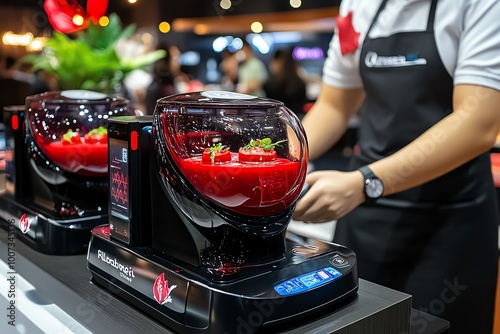 A futuristic kitchen preparing blood type-specific meals, where advanced technology measures and portions foods for different blood groups.