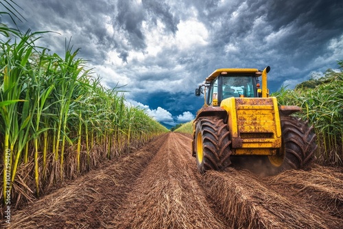 A heavy machine harvests and collects sugarcane in a field