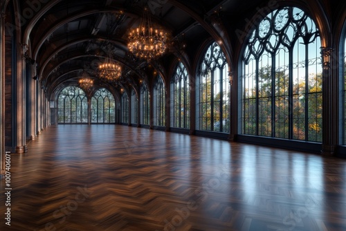 An opulent ballroom showcasing grand arched windows and ornate chandeliers, complemented by herringbone-patterned wooden floors and a refined, sophisticated ambiance.