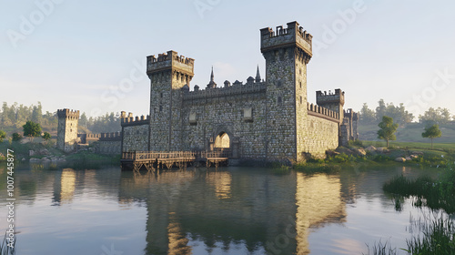 A Majestic Medieval Castle Surrounded by a Calm Moat with Towers and a Wooden Drawbridge in Golden Sunlight