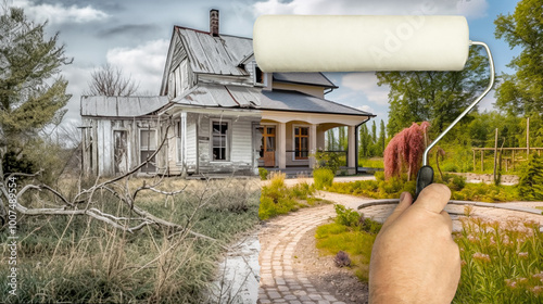 Before and After of Man Using Painting Roller Over Run Down House to Reveal Beautiful Finished Home.