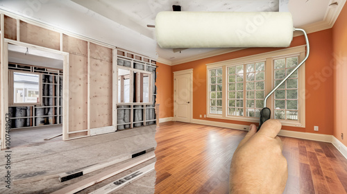 Before and After of Man Using Painting Roller to Reveal Finished Home Interior Under Unfinished Construction Zone.