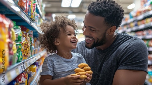 A father letting his child pick out a snack in a convenience store, smiling and offering guidance, showing how modern fathers encourage independence in their children