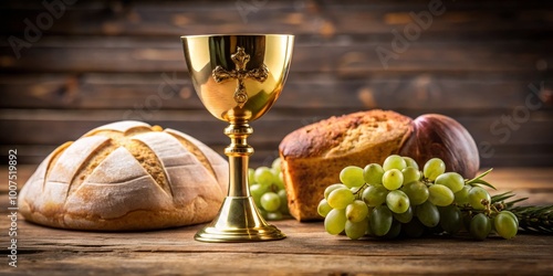 Golden Chalice, Bread, and Grapes on Rustic Wooden Table, Christian, Eucharist