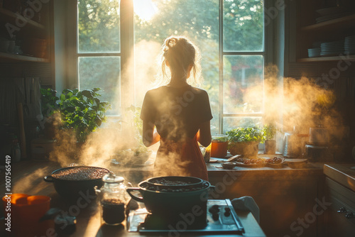 A woman is cooking in a kitchen with steam coming out of the stove