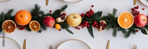 Beautiful autumn table setting with white tablecloth and candles decorated with fresh apples, pormengates, leaves and branches. Celebrating Rosh Hashanah, Thanksgiving Day, harvest festival, wedding