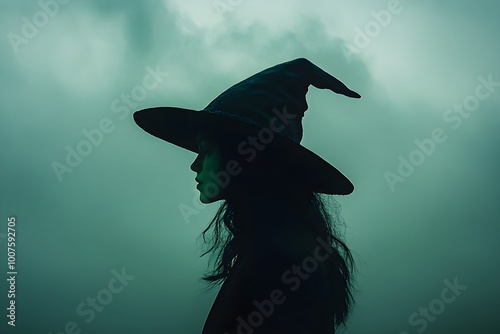 Silhouette of mystic wicked witch in black hat and dress on dark background. Halloween holiday. Witches sabbath on Walpurgis night. Black magic and paganism concept