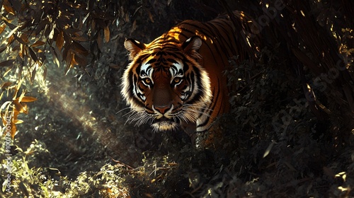 A majestic Bengal tiger prowling through the dense underbrush of the Indian jungle, with dappled sunlight filtering through the leaves