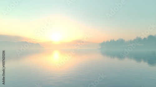 A serene landscape featuring a bright sun rising over a calm lake, with soft reflections on the water surface and an unobtrusive light solid color background